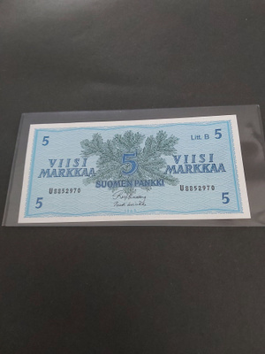 Pakka sileä 5mk Litt.B seteli 1963
