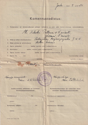 PUOLUSTUSVOIMAT KOMENNUSTODISTUS RUKAJÄRVELLE 1941