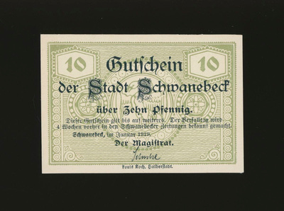 Saksa Notgeld 10 Pfennig, Schwanebeck 1919
