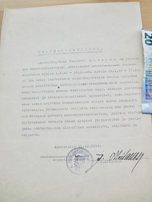 VANHA Palvelustodistus Sotalentäjä 1944