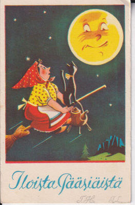 Iloista Pääsiäistä, Noita. luuta. kissa, kuu kasvot e68