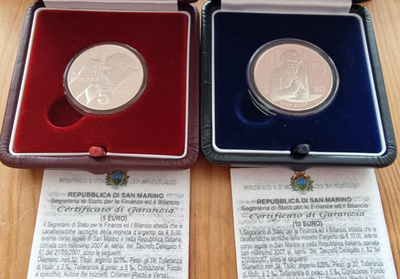 San Marino 2007 5e ja 10e hopeajuhlarahat proof