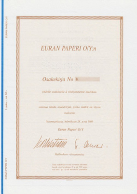OKK 1989 Euran Paperi Oy spec, Noormarkku osakekirja