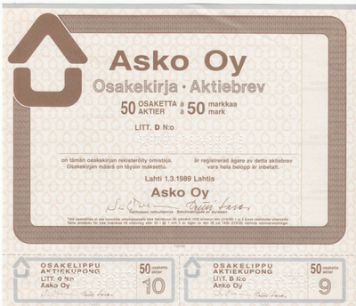 OKK 1989 Asko Oy spec, Lahti pörssi osakekirja