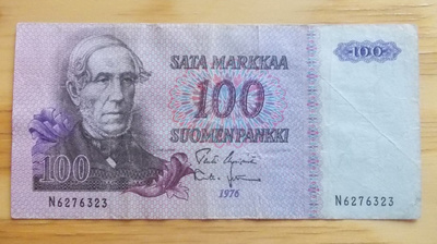 100 mk seteli 1976 Suomi Snellman