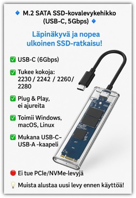 M.2 SATA SSD -kovalevykehikko - USB-C, läpinäkyvä #30583