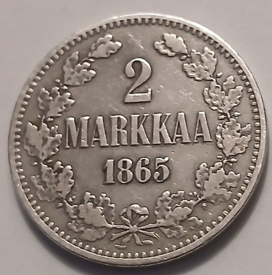 Hopea 2 markka vuodelta 1865.