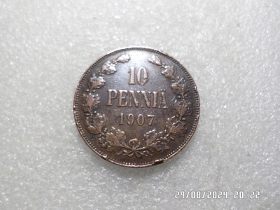 10 penniä 1907 vähän kulunut mutta reuna karheutta .