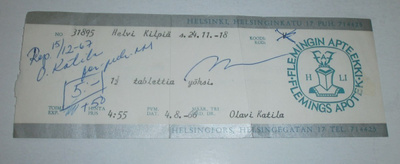 Apteekkiresepti, Flemingin apteekki, Helsinki 1966