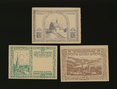 Itävalta Notgeld 10, 20, 50 Heller, Zwettl 1920