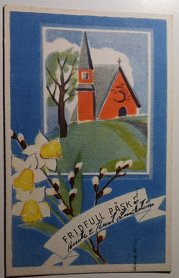 Kirkko, kimppu narsisseja ja pajunkissoja, p. 1945