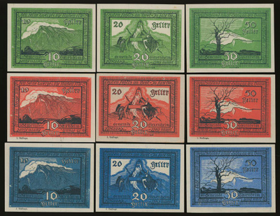 Itävalta Notgeld 3x10, 3x20, 3x50 Heller, Siezenheim
