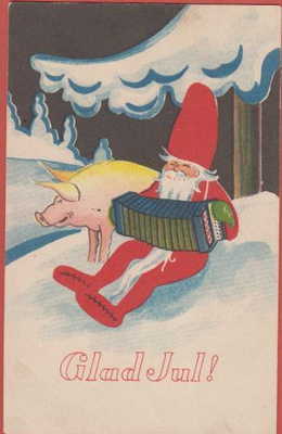 Tonttu soittaa haitaria, possu kuuntelee