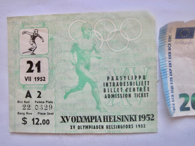 Helsinki 1952 Olympia Pääsylippu Lippu Yleisurheilu VIHREÄ!