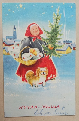 Joulumuori tuo koiran kanssa kuusen ja paketit, p. 1952