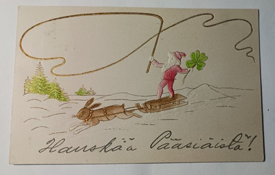 Tonttu ajaa jäniksen vetämällä kelkalla, kohop, kult.p. 1906