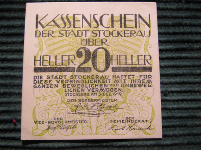 20 heller 1919.Stockerau. Itävalta-Austria. Hätäraha-Notgeld