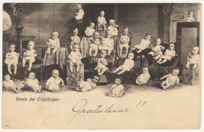 "Yksivuotiaiden yhdistys" Vauvoja vanha kortti 1900-l alku