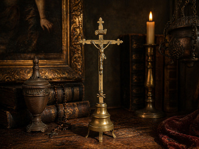 1800-luvun messinkinen Memento Mori -pöytäkrusifiksi