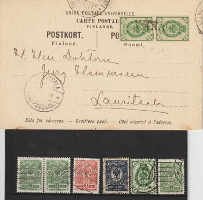 1908 Venäläisiä merkkejä Suomessa ja postikortti