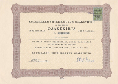OKK 1959 Kulosaaren Yhteiskoulu Oy, Helsinki osakekirja