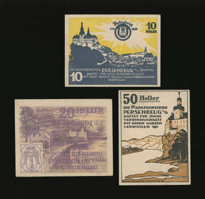 Itävalta Notgeld 10, 20, 50 Heller, Persenbeug 1920