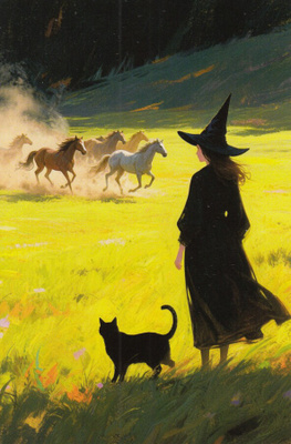 Halloween noita katsoo hevosia