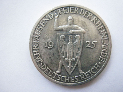 Saksa Weimar 3 Reichsmark 1925 Rheinlande hopeaa