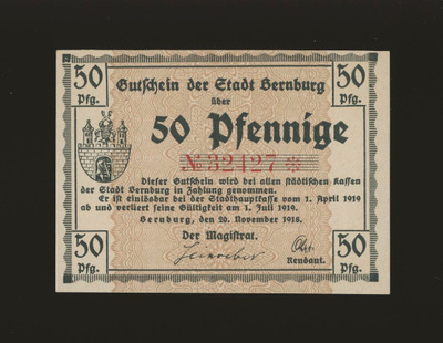 Saksa Notgeld 50 Pfennig, Bernburg 20.11.1918