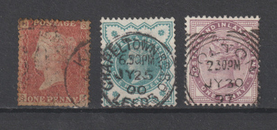 1864-1900 Englanti, Queen Victoria-merkkejä 3kpl leimattuna