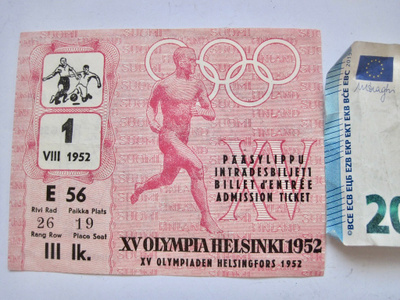VANHA Pääsylippu Helsinki 1952 Olympia Jalkapallo 1.8.52