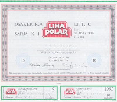 OKK 1988 Lihapolar Oy (Atria) spec, Kuopio pörssi osakekirja