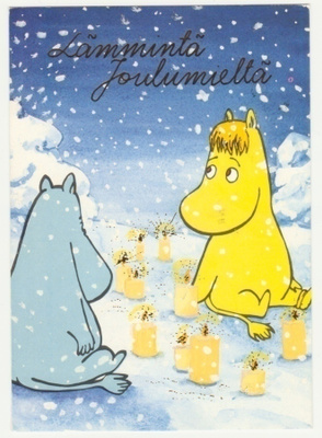 Muumit kynttilöiden ääressä - postikortti 1991
