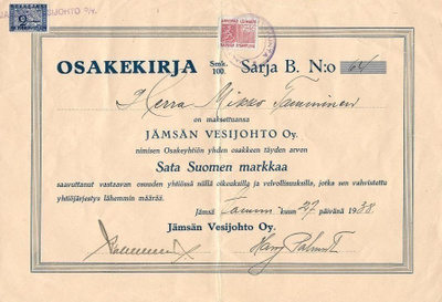 OKK 1938 Jämsän Vesijohto Oy, Jämsä osakekirja