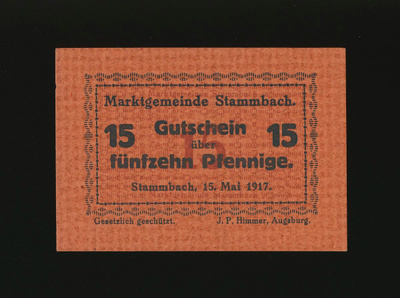 Saksa Notgeld 15 Pfennig, Stammbach 15.5.1917