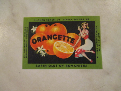 Orangette juomaetiketti .Lapin Olut Oy Rovaniemi.