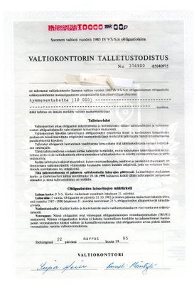 Valtiokonttorin talletustodistus vuodelta 1985 / IV