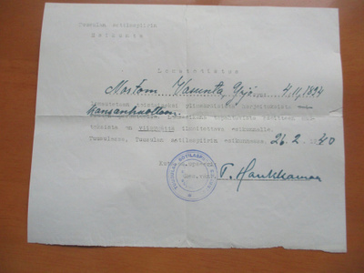 1940 Lomatodistus / siirto kansanhuoltoon Tuusulan Sp.