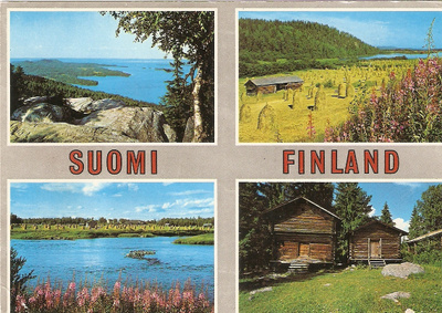 Suomi-kuvia :Koli-maisema, heinäpelto, hirsiaitat