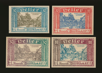 Itävalta Notgeld 10, 20, 50, 80 Heller, Sparbach