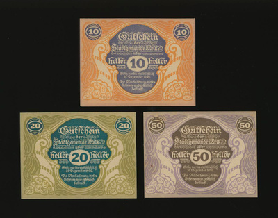 Itävalta Notgeld 10, 20, 50 Heller, Melk 1920