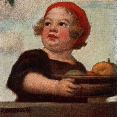 LAPSET / Punalakkinen lapsi hedelmävati käsissään. 1920-l.