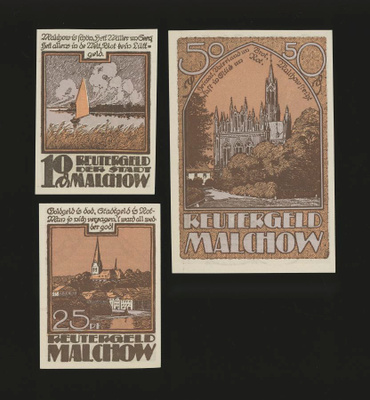 Saksa Notgeld 10, 25, 50 Pfg, Malchow 1922