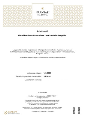 LAHJAKORTTI NAANTALIN KYLPYLÄÄN  (arvo n. 400 euroa)
