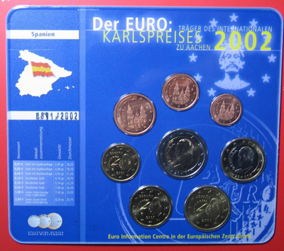 2001 ESPANJA 1c- 2euro Karlspreises BU setti