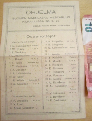VANHA Ohjelma Suomen Mäenlasku Mestaruuskisa 1922 Helsinki