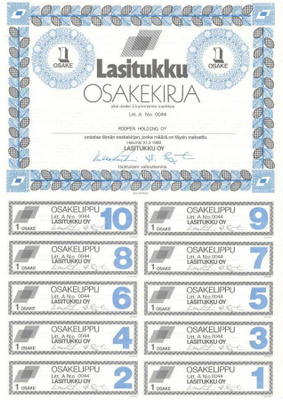 OKK 1988 Lasitukku Oy, Helsinki osakekirja