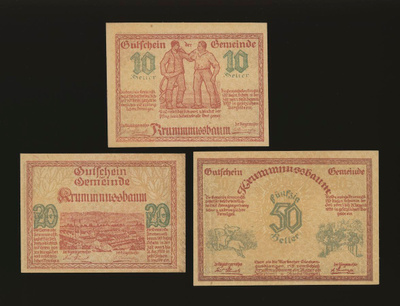 Itävalta Notgeld 10, 20, 50 Heller, Krummnussbaum