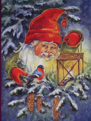 Ingrid Elf tonttu näyttää lyhdyllä valoa punatulkulle