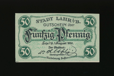 Saksa Notgeld 50 Pfennig, Lahr 1.8.1920